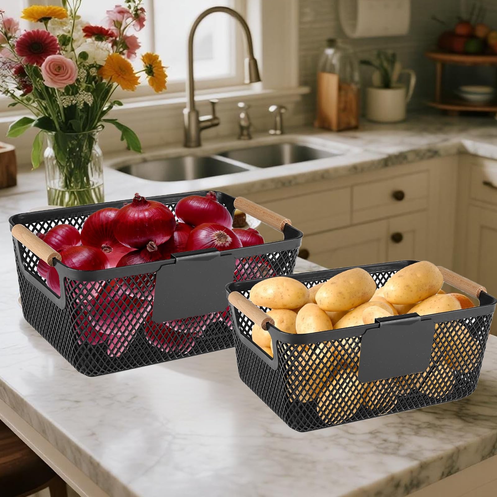 Onion and Potato Storage Baskets,A set of 2 Wooden Handle storage Basket Stac…