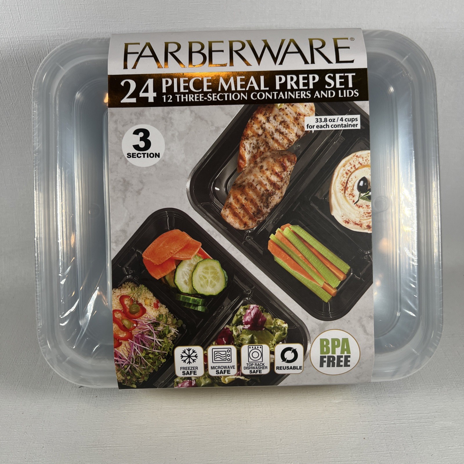 Farberware 24 Piece Meal Prep Set 12 Three Section Containers and Lids