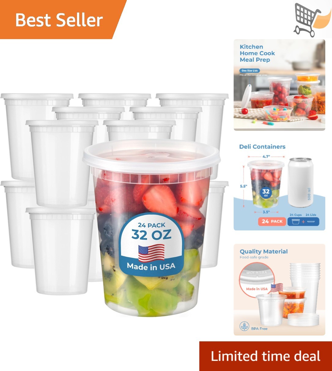 24 Pack Food Storage Containers 32 oz Round Leakproof Reusable Plastic