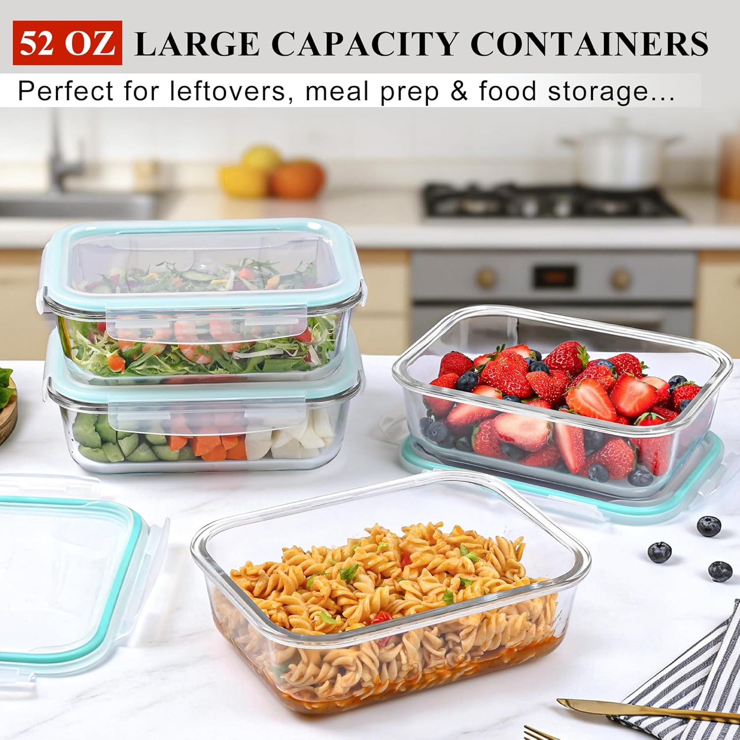 4 Pack 52Oz Large Glass Food Storage Containers with Lids, Meal Prep Containers