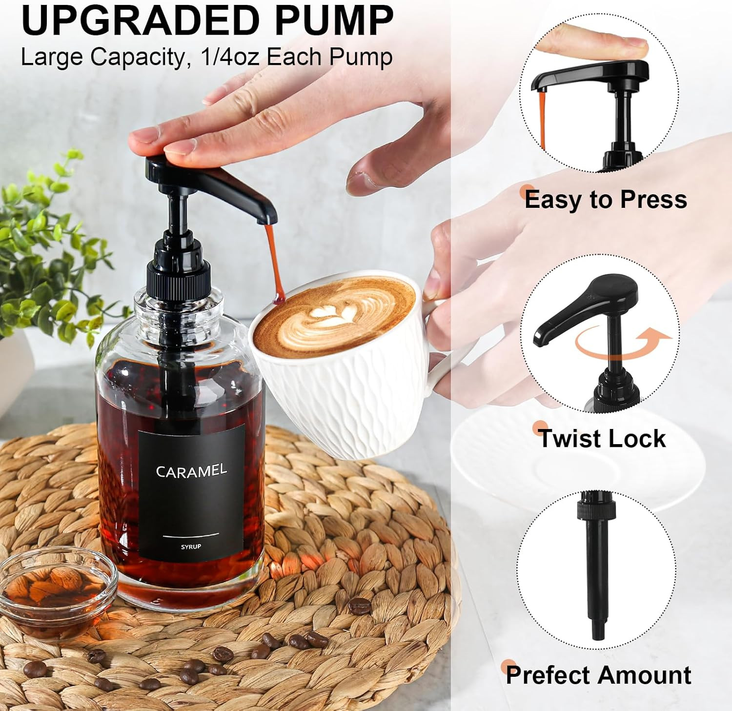 Coffee Bar Accessories, Syrup Dispenser with 1/4Oz Large Capacity Pump – Glass P