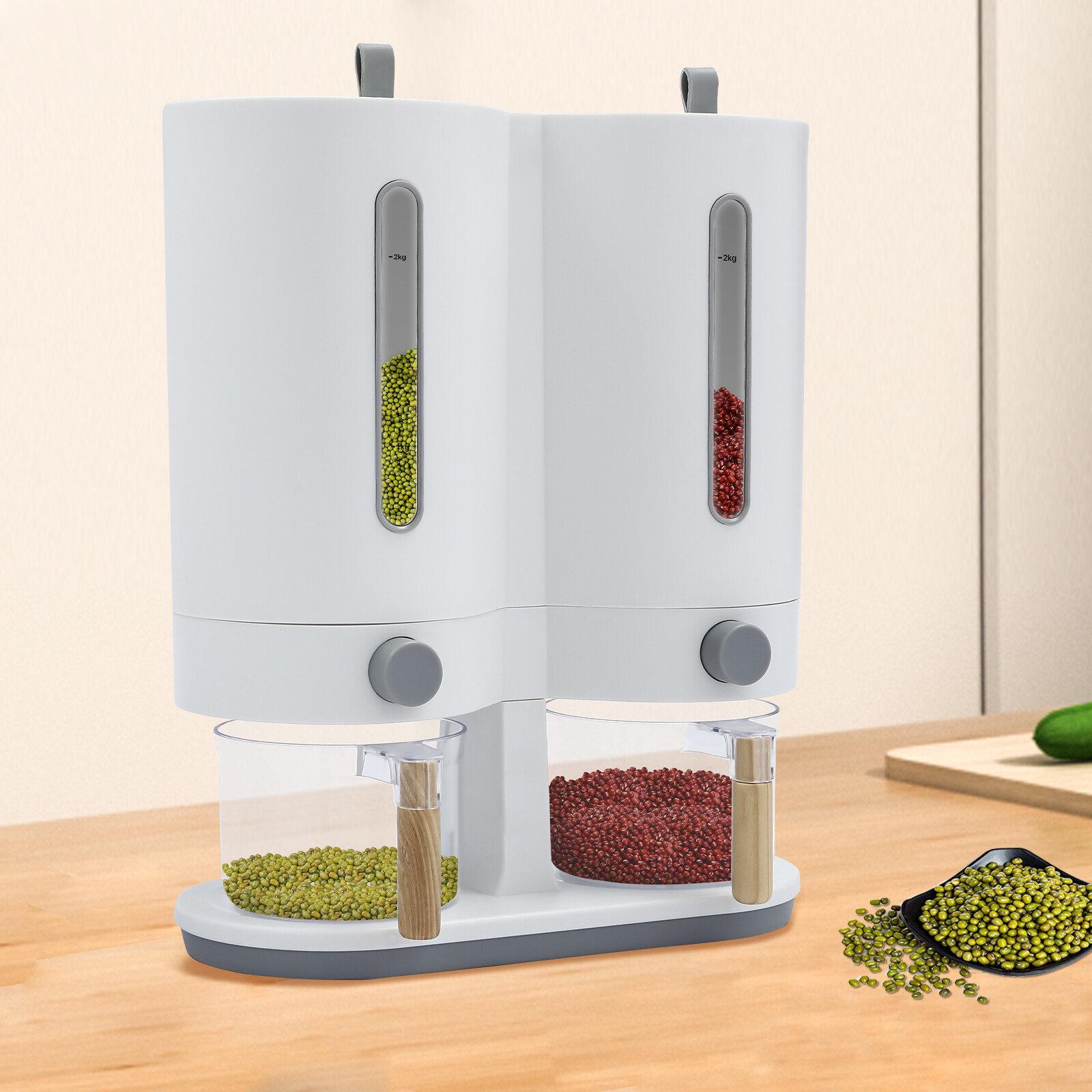 Free-standing Dual Control Food Storage Dispenser w/2 Rice Cups grains, rice