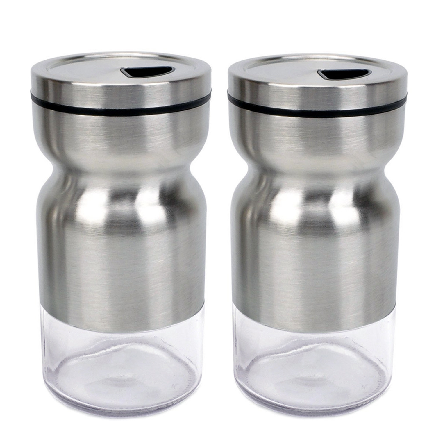 Stainless Steel Salt & Pepper Shakers Glass Bottom Rotating Cover Spice Sugar