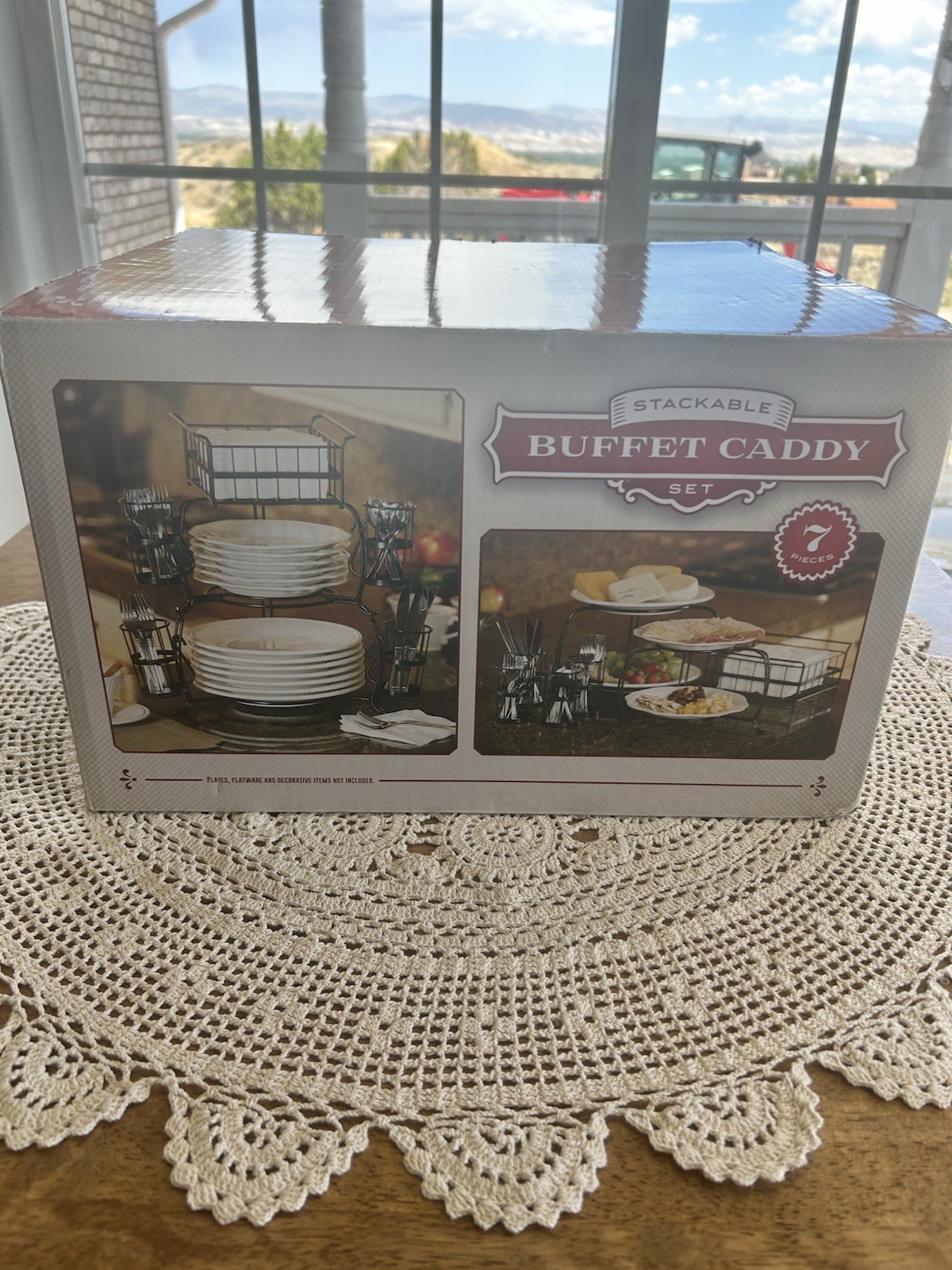 NEW Buffet Caddy 7 Piece Set Plate Napkin & Silverware Holder Carbon Steel