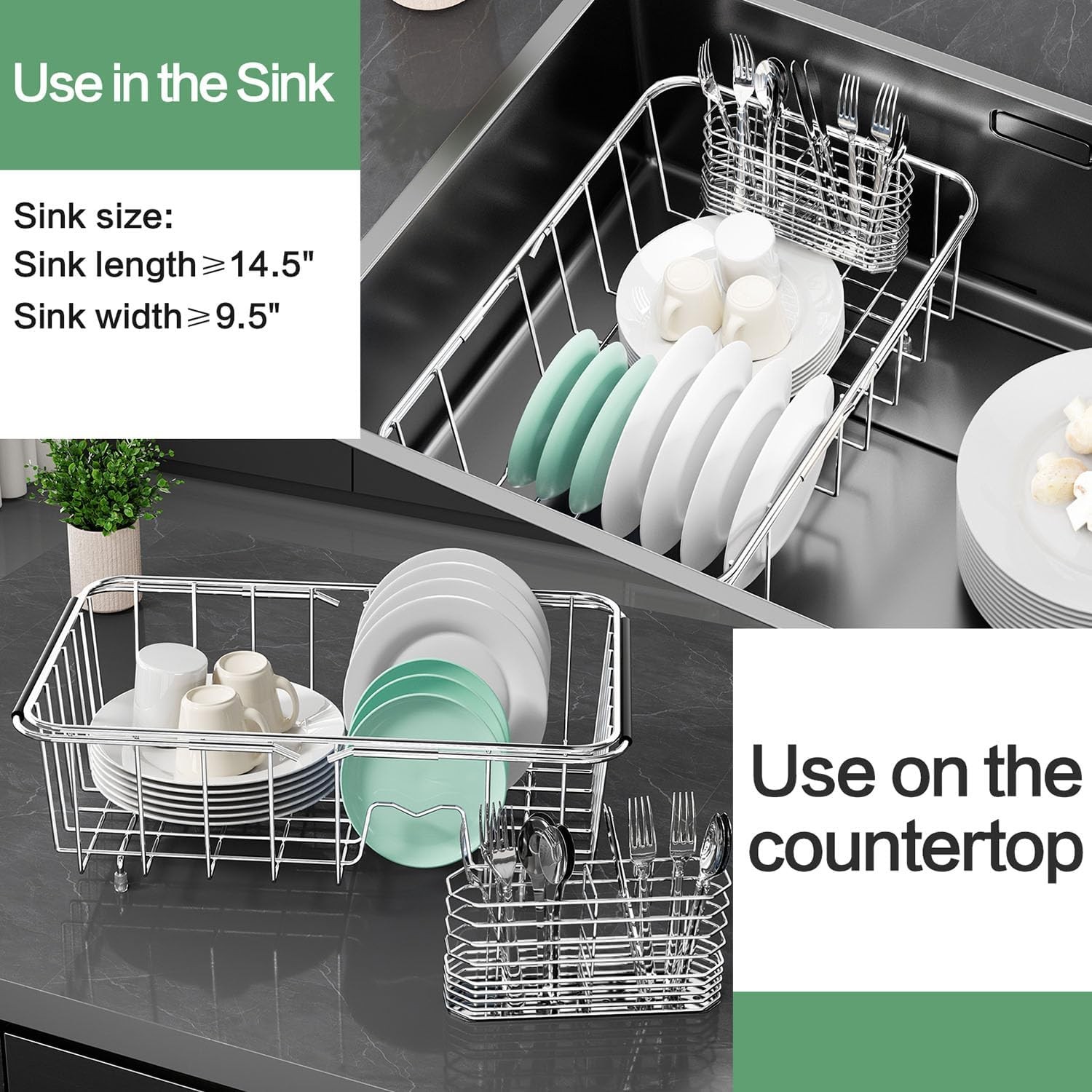 Dish Drainer Rack in Sink Adjustable, Expandable 304 Stainless Steel Metal Dish