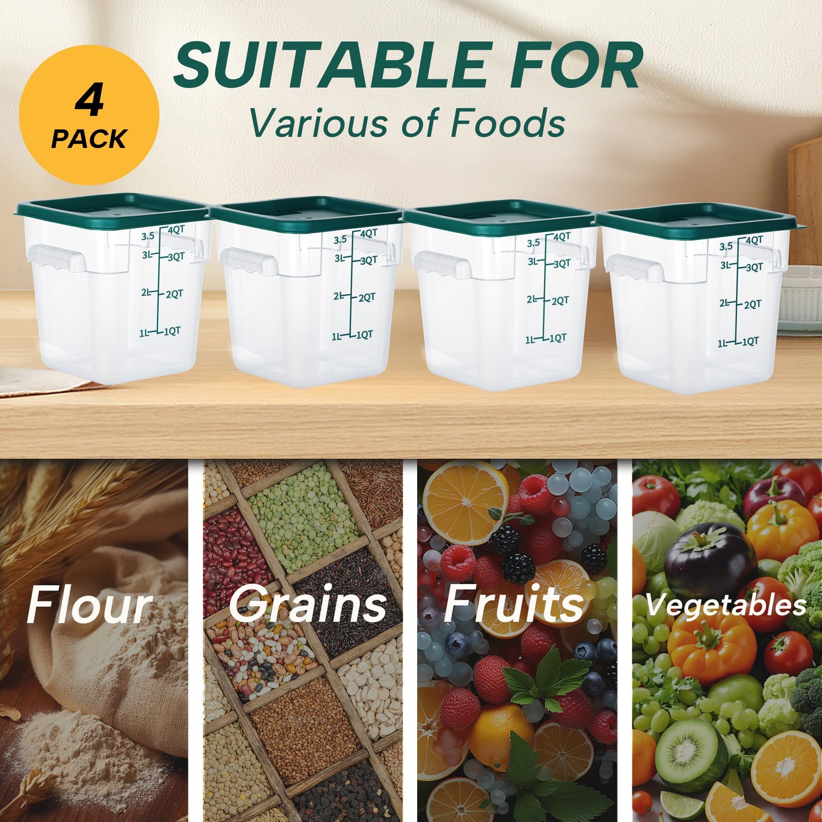 4 Pack 4QT Square Food Storage Containers with Lids
