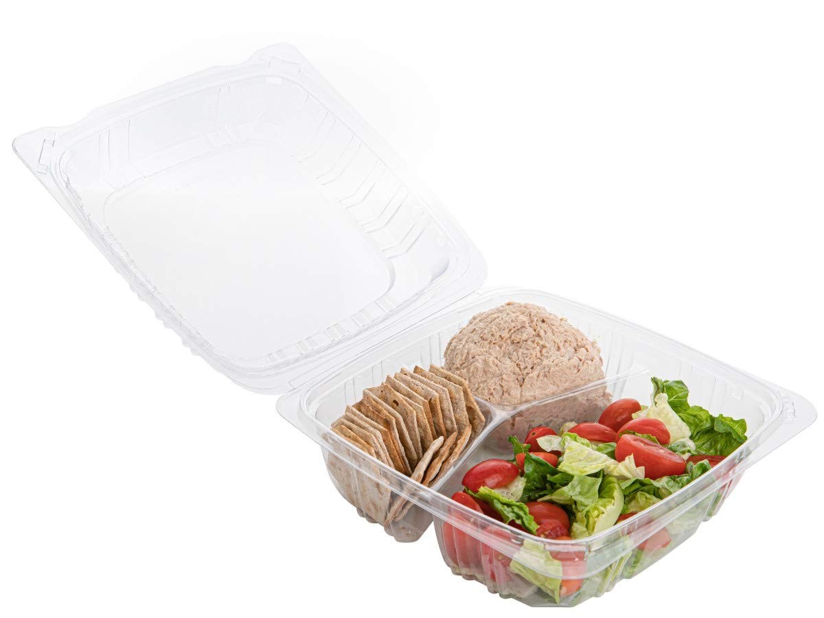 Plastic Clamshell Food Containers, (Pack of 50-8x8x3 3/8) 3-Compartment, to g…