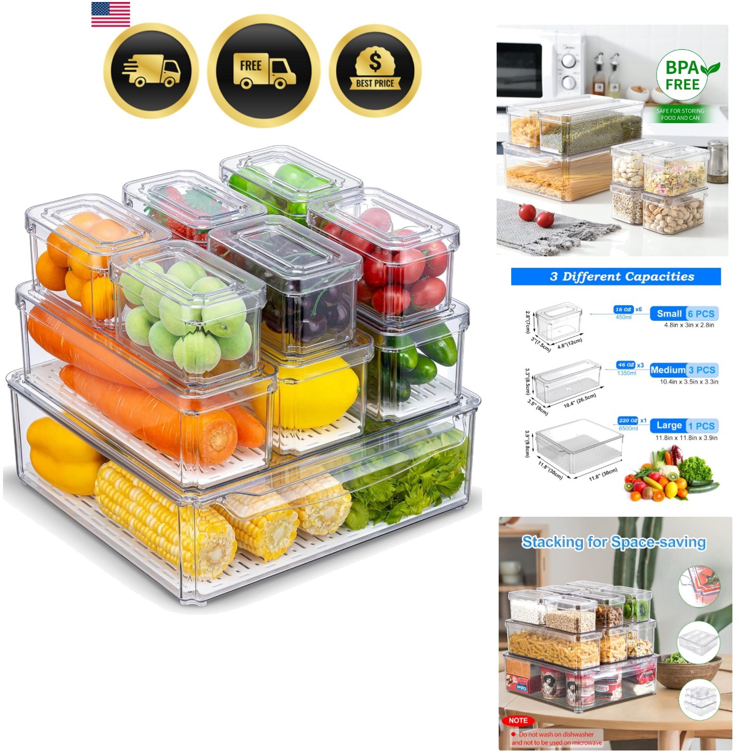 Crystal Clear Stackable Bins for Refrigerator – 10-Piece Food Storage Solution