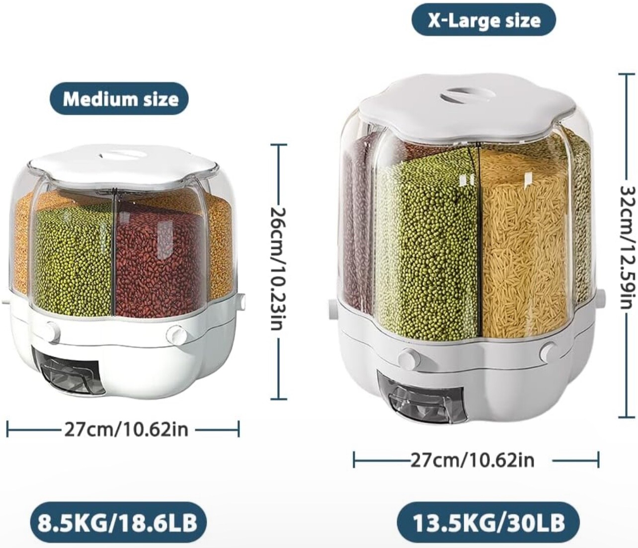 Kitchen 360° Rotating Cereal/Grain/Lentil 30lb X-Large Dispenser 6 Compartments