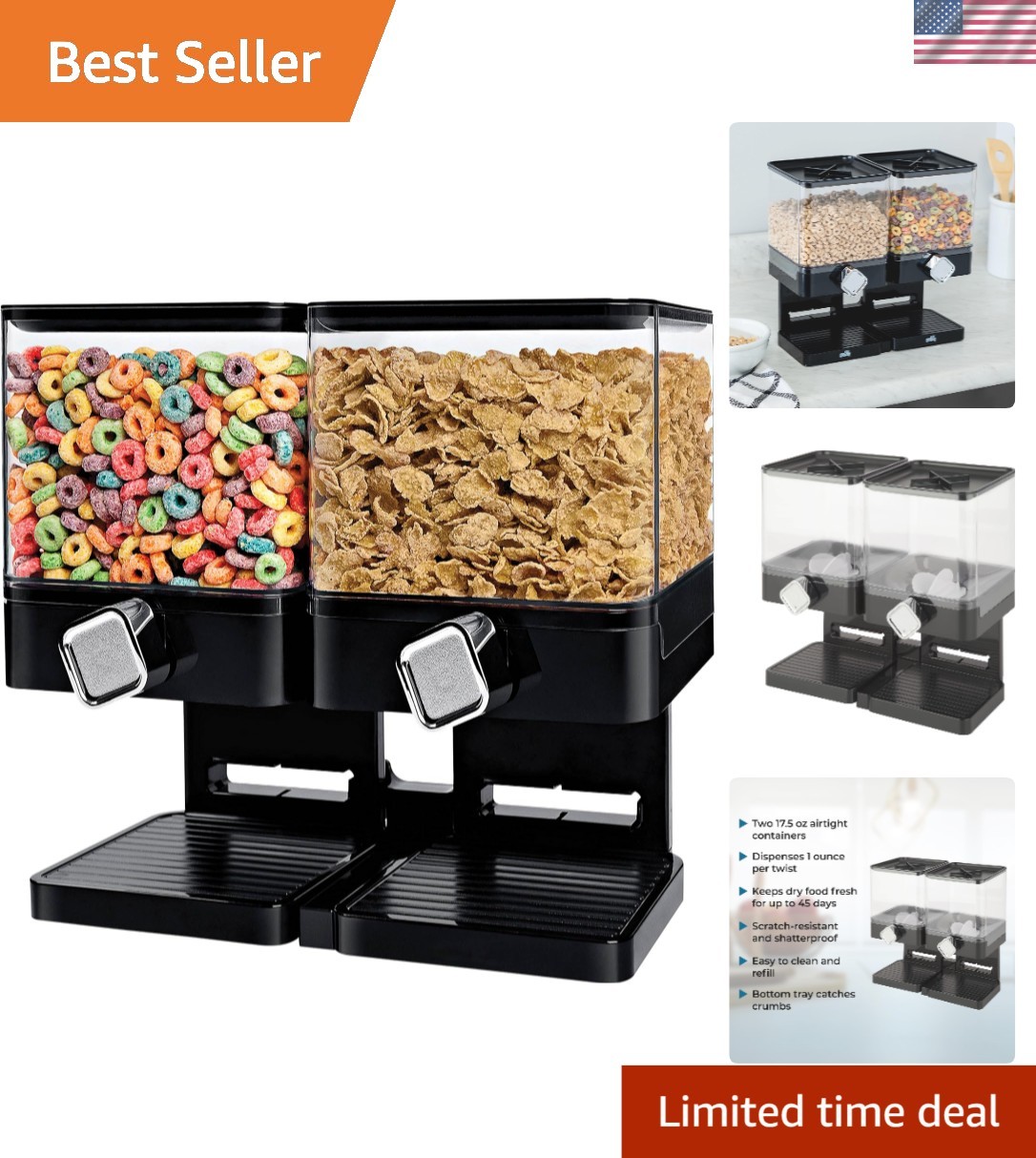 Airtight Dual Canister Food Dispenser for Cereal & Snack Storage, Black/Chrome