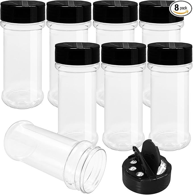 8 Pack 5.5 Oz Plastic Round Spice Bottles with Black Shaker Lids,Reusable Sea…