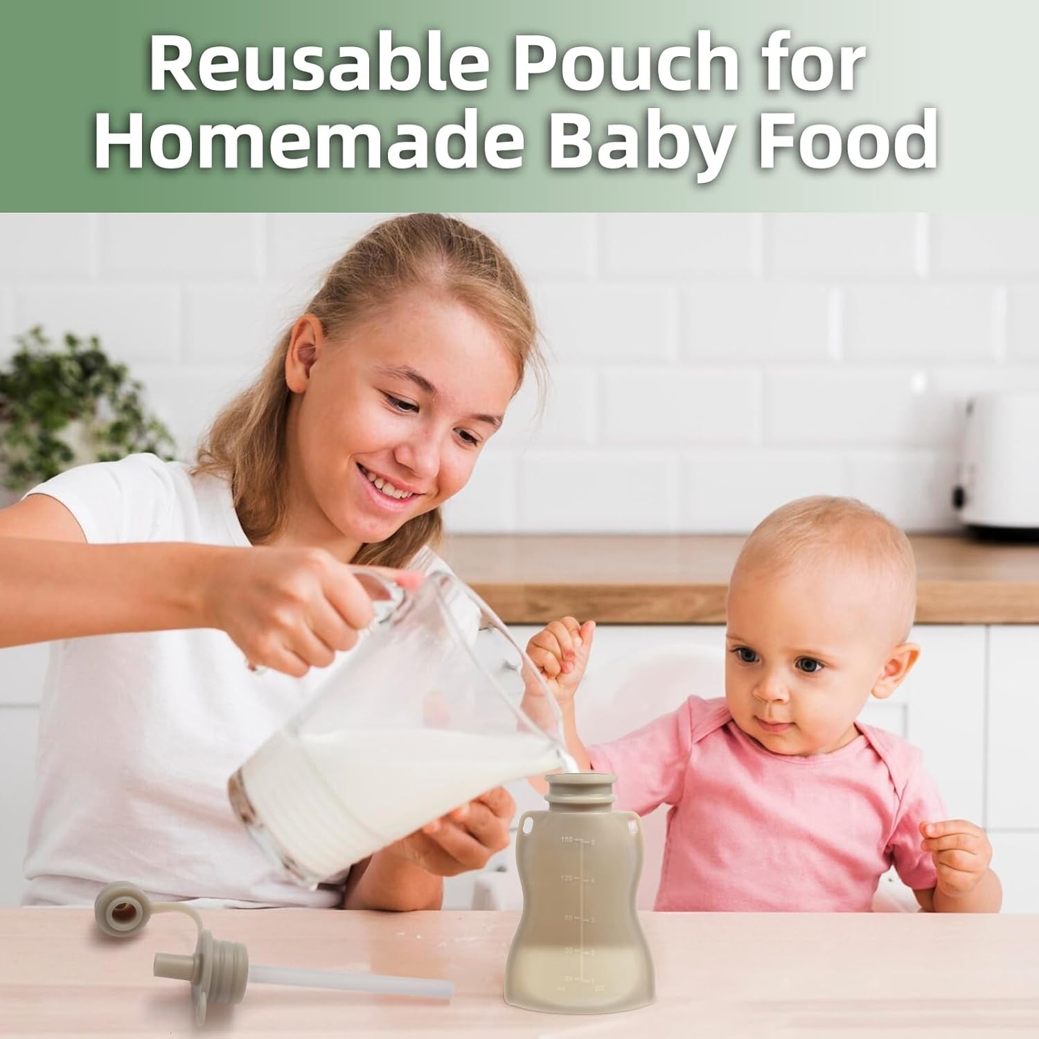 Reusable Baby Food Pouches with Straws, 4 Pack Light Green & Blue & Pink