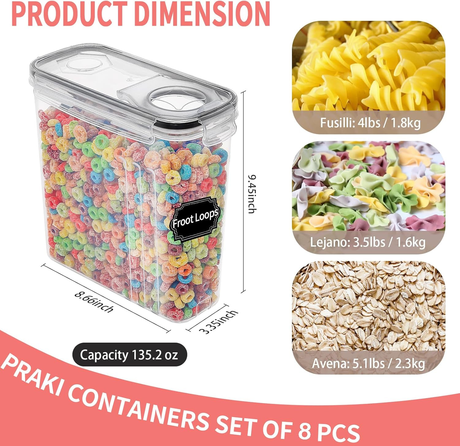 PRAKI Cereal Containers Storage Set (4L,135.2 Oz), 8PCS Airtight Food Storage Co