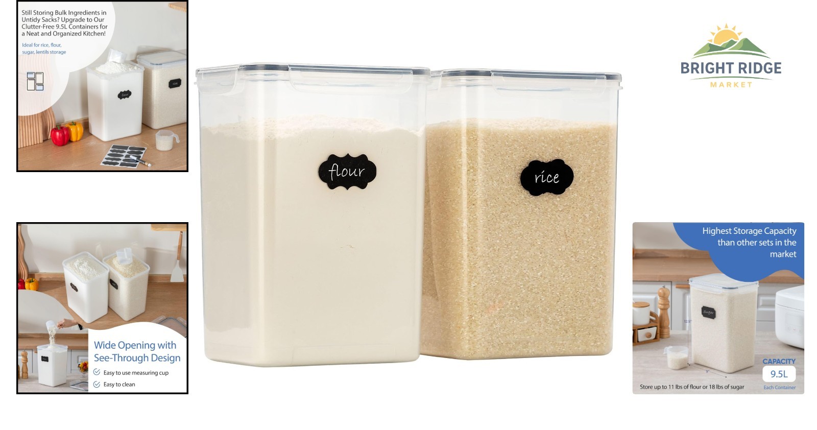 Airtight Food Storage Containers Set of 2, 9.5L Leakproof Design for Dry Foods