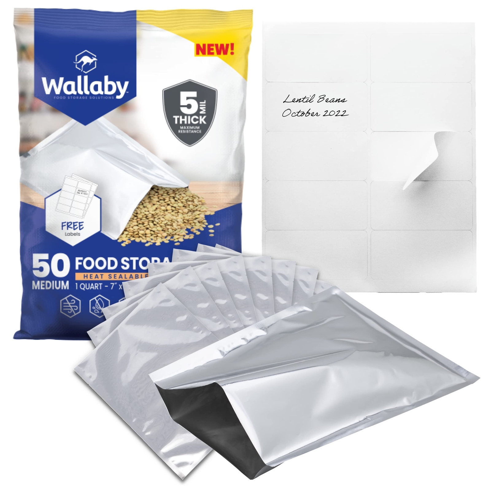 50X 1-Quart Mylar Bag Bundle – 5 Mil – 7 X 10 Mylar Bags + 50X Labels