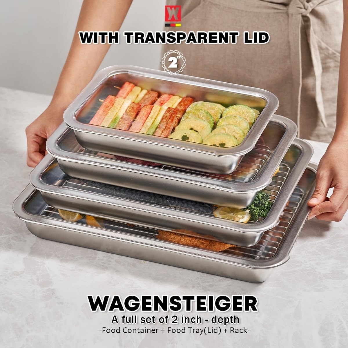 Stainless Steel Food Prep Container Set with Rack & Transparent Lid, Catering…