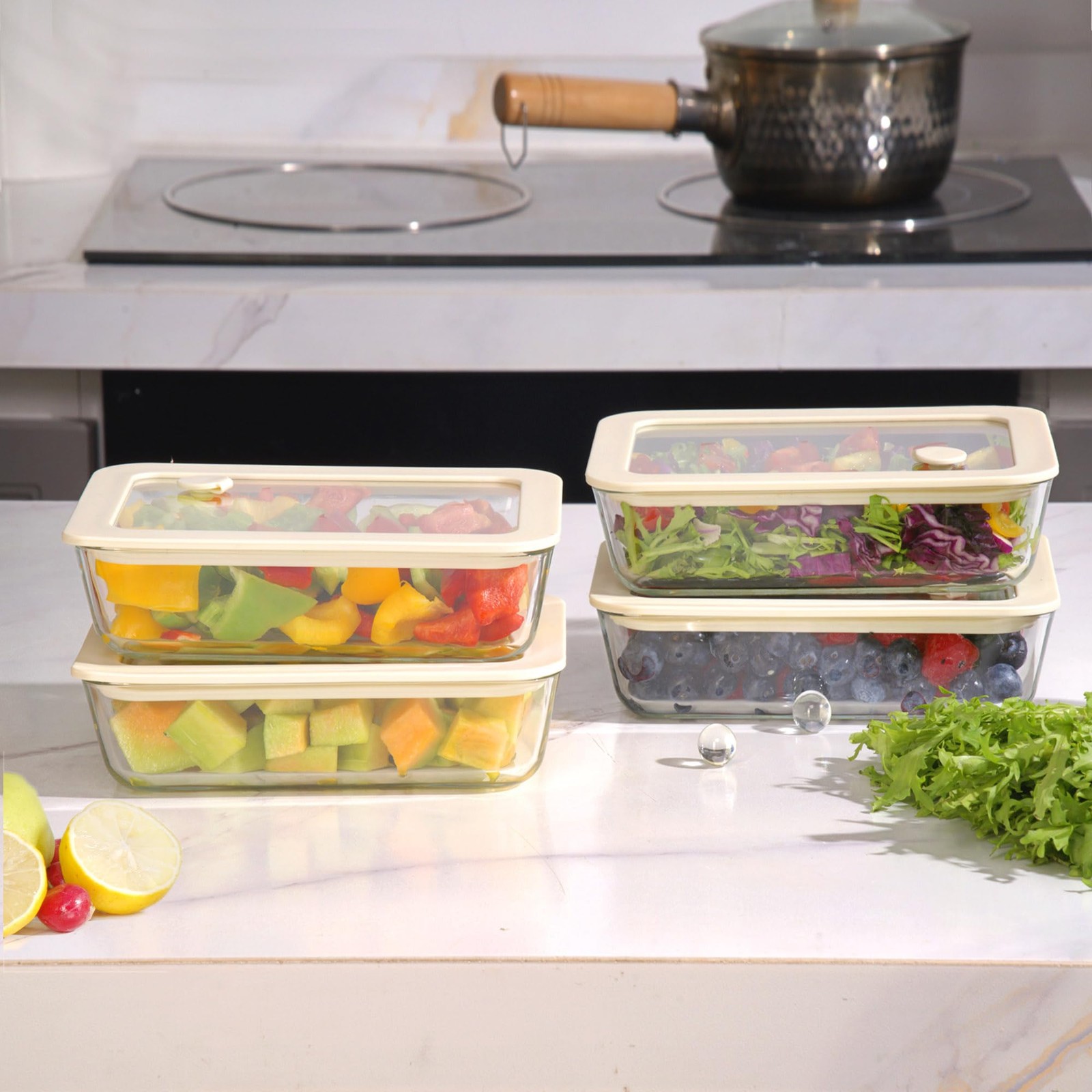 Urban Green Glass Food Container Set with Lid, 4 Pack, White Sand – 4P