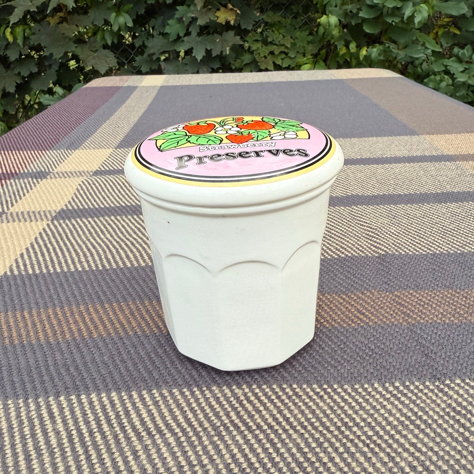 Vintage canister jar storage container with strawberry preserves design
