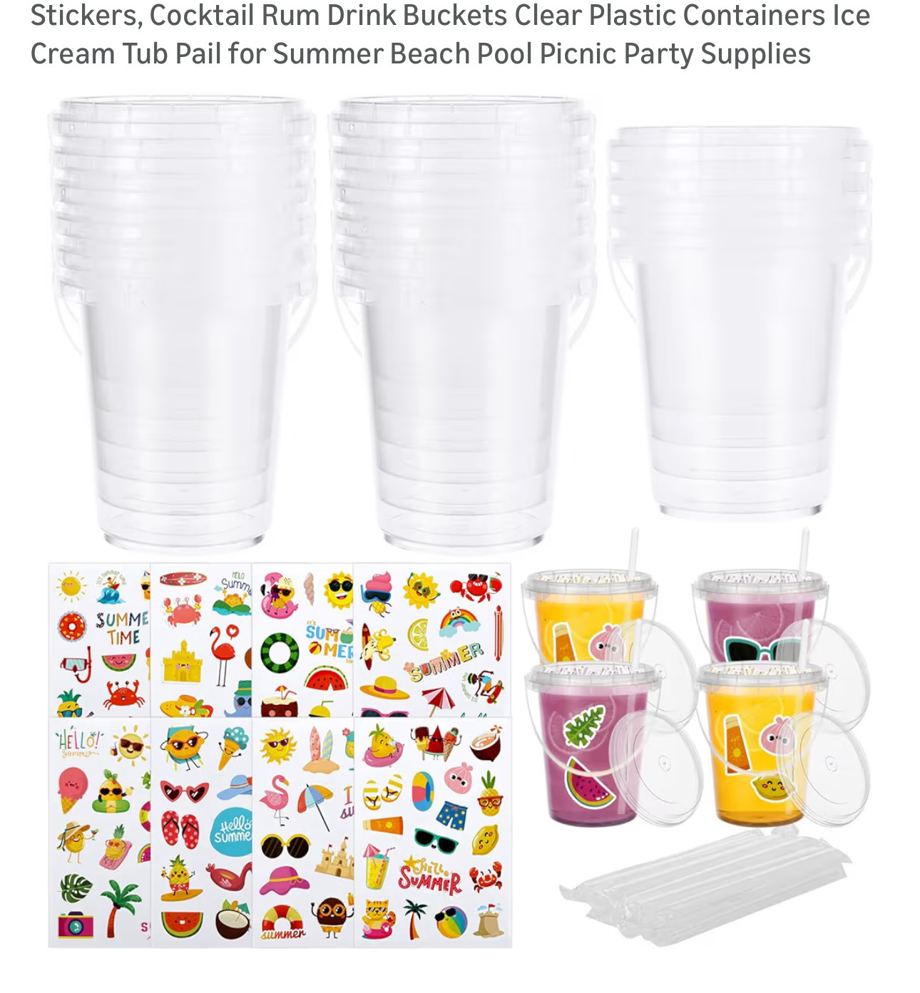 15 Pcs 1L Ice Cream Buckets with Lids Straw Handles and Summer Stickers