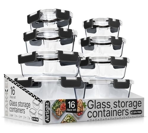 BAKKENMASTER BOROSILICATE GLASS FOOD STORAGE CONTAINERS 16 PIECES – BLACK