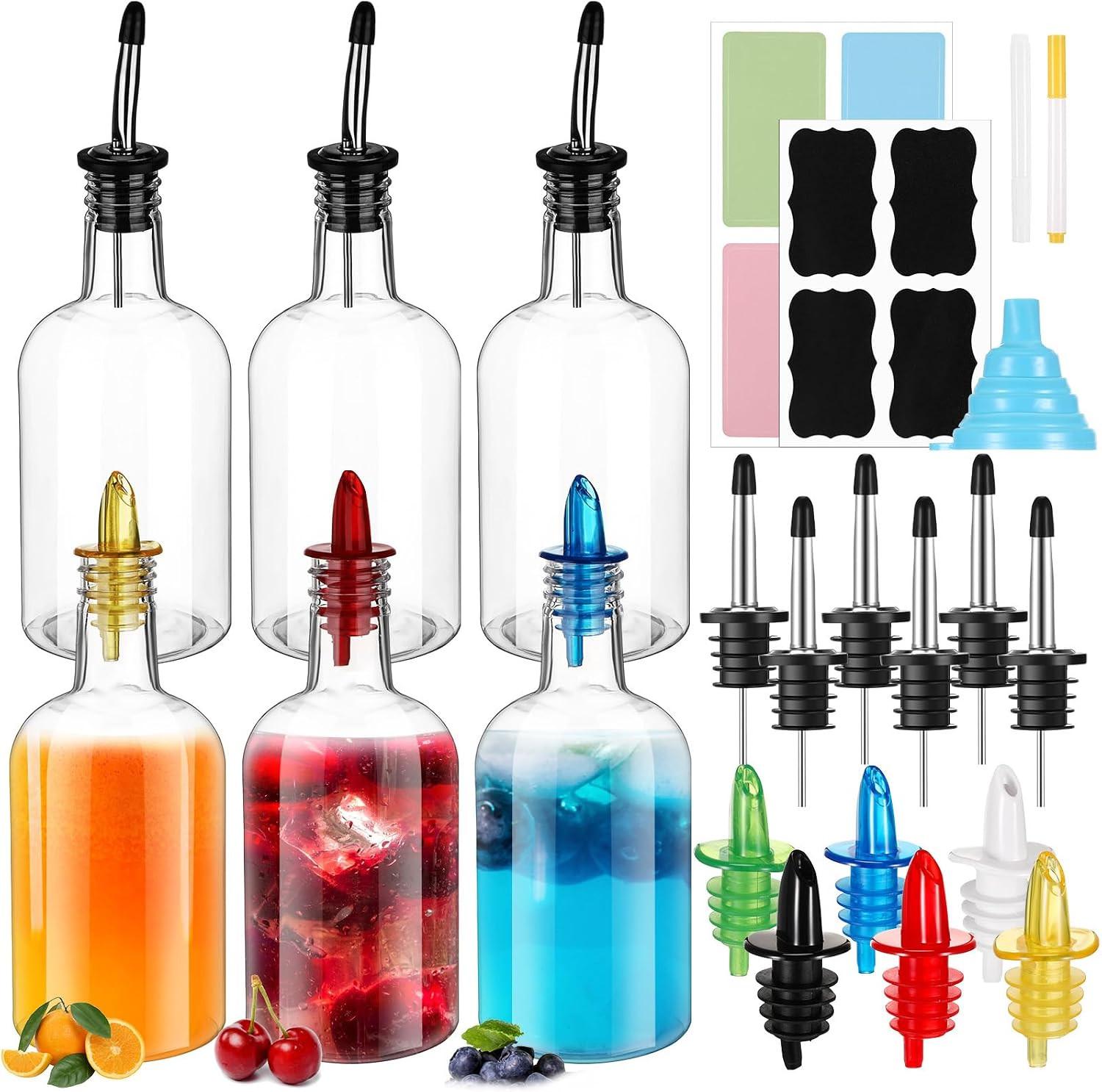 6 Set 16 oz Plastic Long Neck Bottles with Rainbow Pourer and Caps Plastic Juice