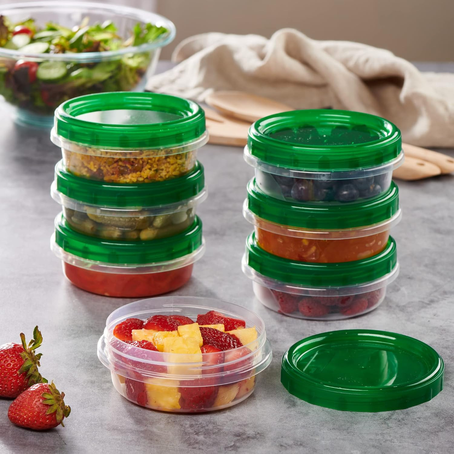 6 Pack Twist Cap Food Storage Containers with Green Screw on Lid- 8 oz Reusable
