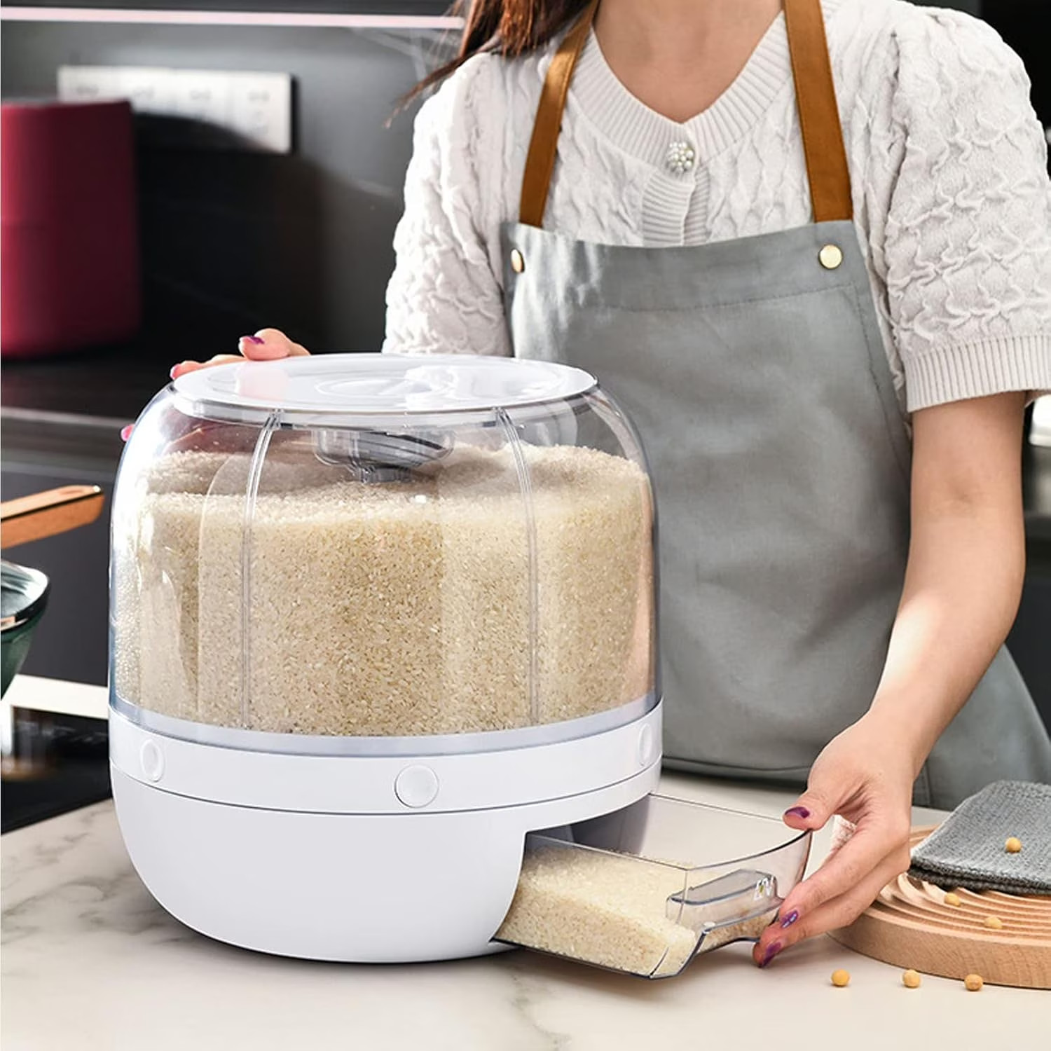 6 Grid Rotating Rice Container Cereal Grain Dispenser Airtight Dry Food Storage