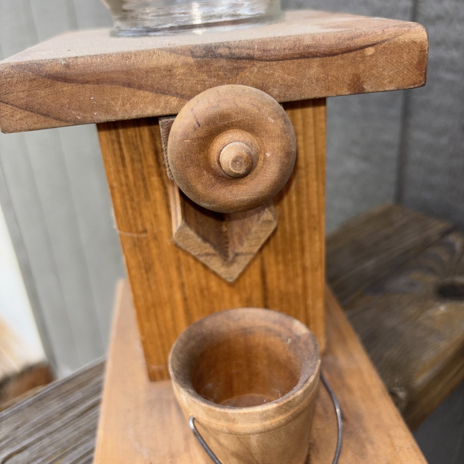 Vintage Oak Wood / Glass Mason Jar Candy Peanut Gumball Dispenser Country Decor