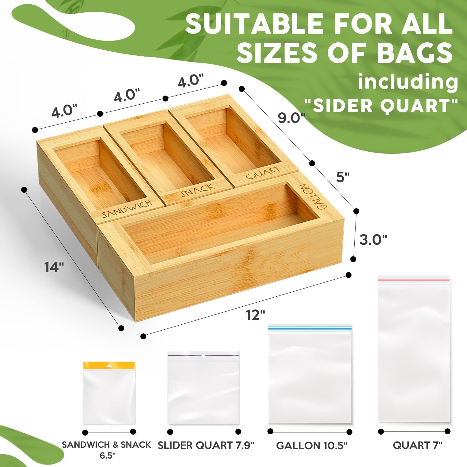 Bamboo Storage Bag Organizer, 4 Separate Food Storage Bags, 12×14 Baggie Orga…