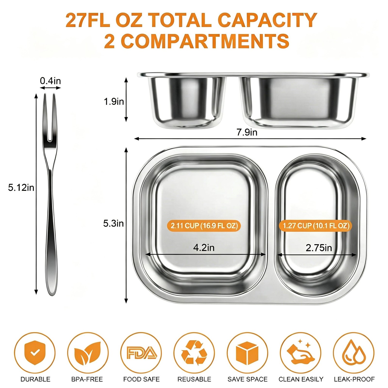 Stainless Steel Bento Set, 3 Pack 2-Compartment 27oz/800ml l Lunch with Firm …
