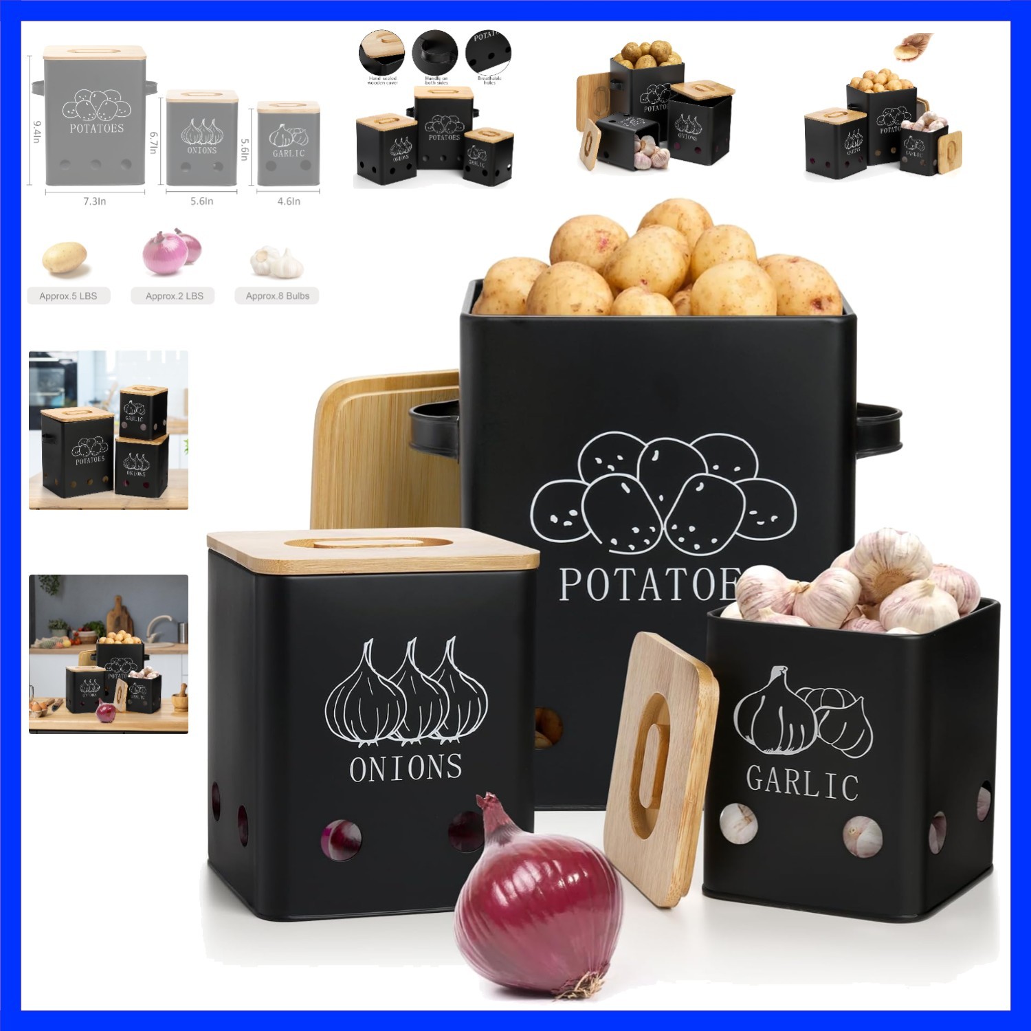 3 Pack Vegetable Storage Tins, Potato Onion Garlic Storage Canister, Black Me…