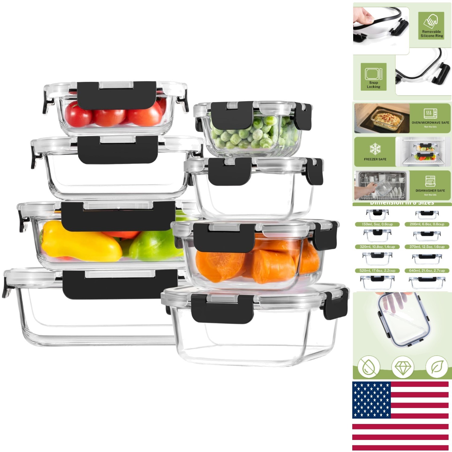 Elegant 8 Pack Borosilicate Glass Food Storage Containers – BPA Free & Airtight