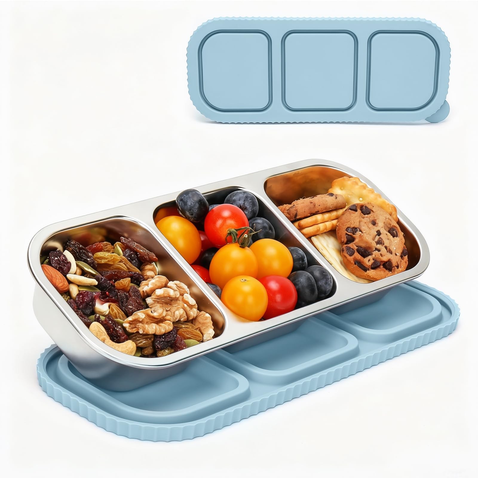suhunide ﻿ 3 Compartment Stainless Steel Snack Containers with Silicone 01-BL