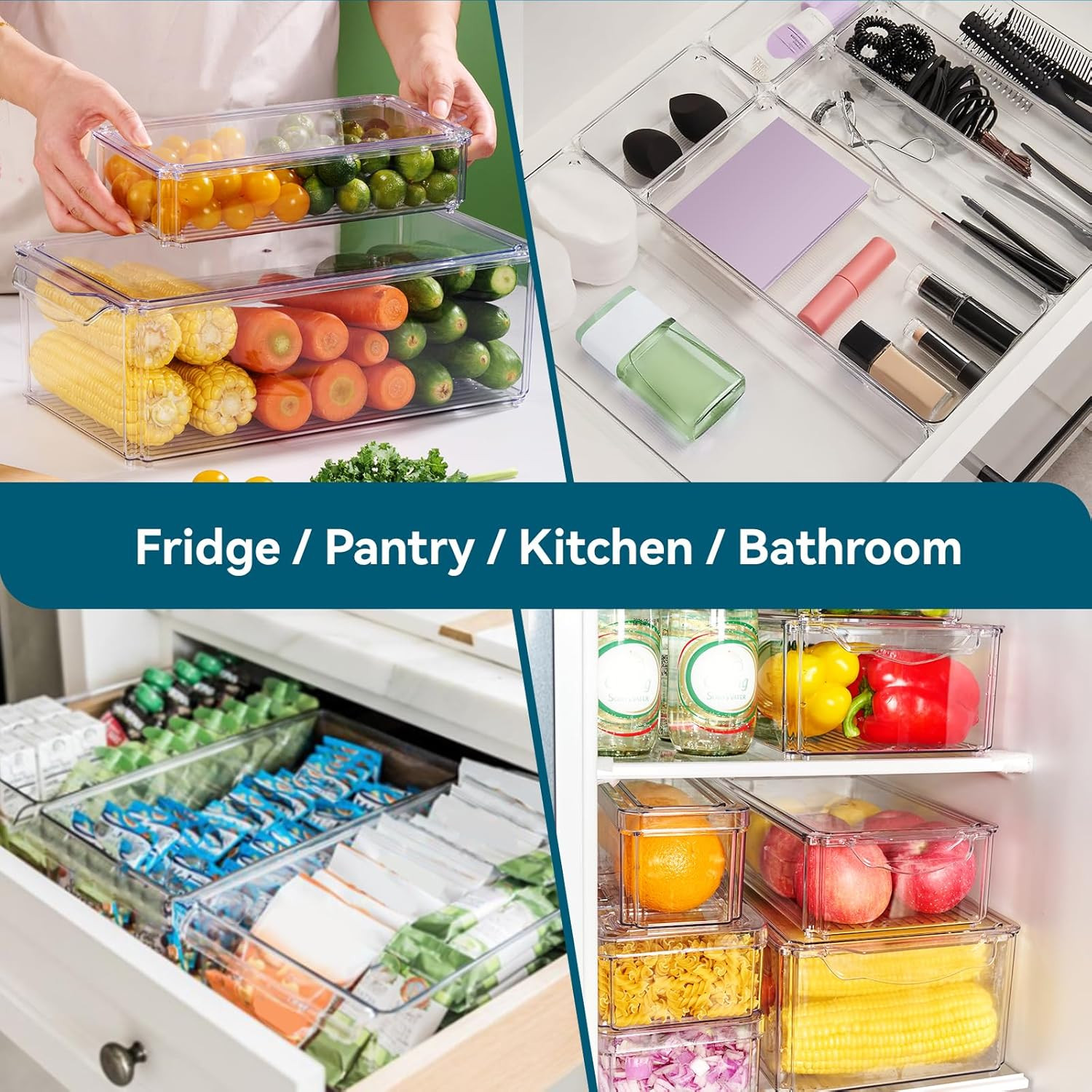 4 Piece Refrigerator Organizer Bins, Clear Fridge Organizers and Storage, Stacka