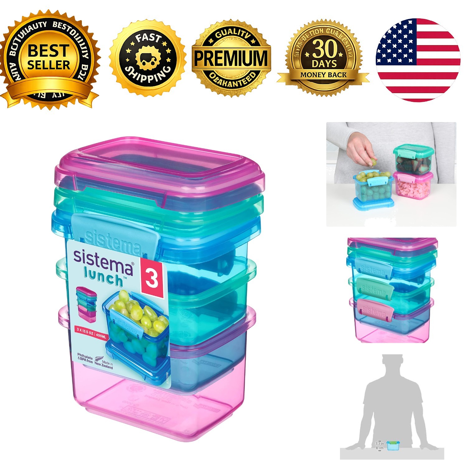 3-Piece Food Storage Containers with Lids 1.6-Cup Dishwasher Safe Blue Green