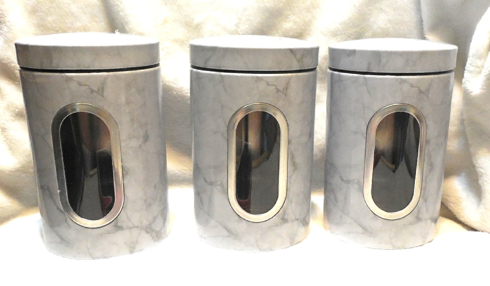New 3 Marble Metal Kitchen Canisters Food Storage Decoration Windows Snap On Lid
