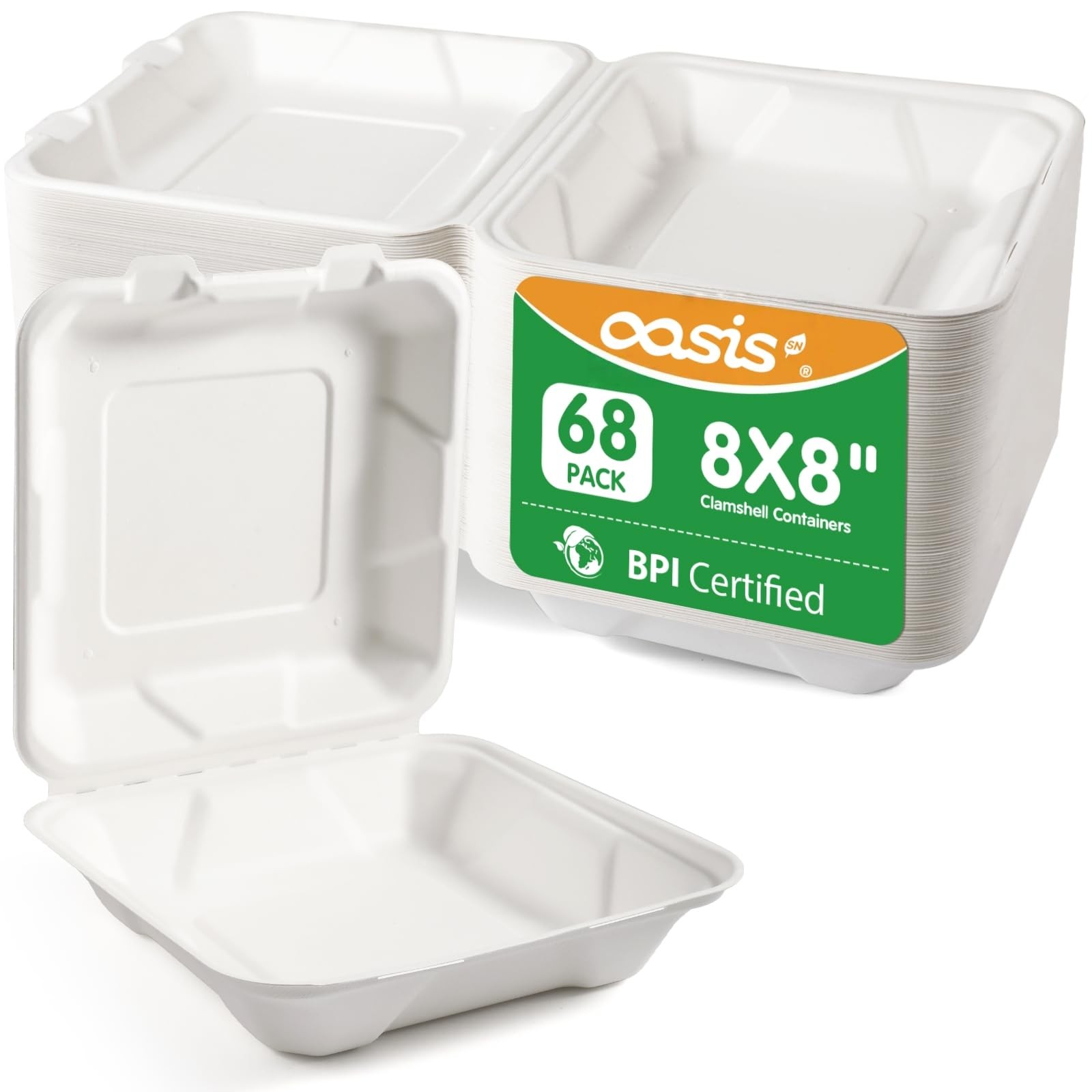 8×8″, 68-Pack Disposable Clamshell Take Out Food Containers, Biodegradable Pa…