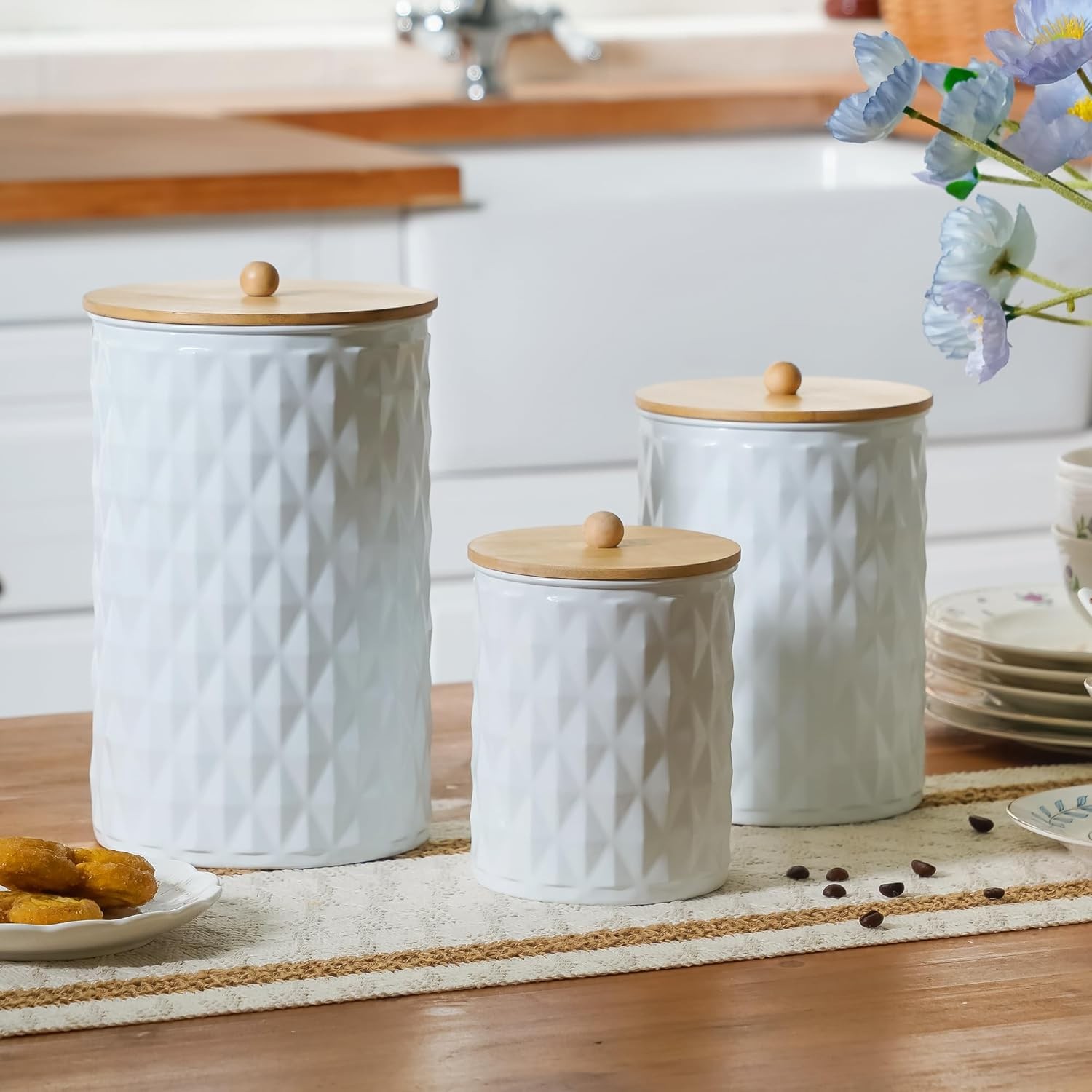 Kitchen Canister Set of 3 Tea Coffee Sugar Containers with Airtight Bamboo Lids