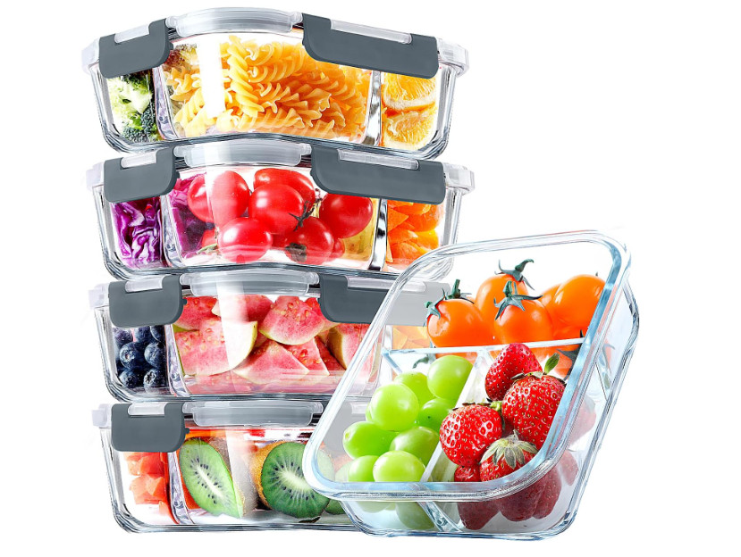 Juego de 5 Recipientes de Vidrio con 3 Compartimentos y Tapas Herméticas 36 OZ