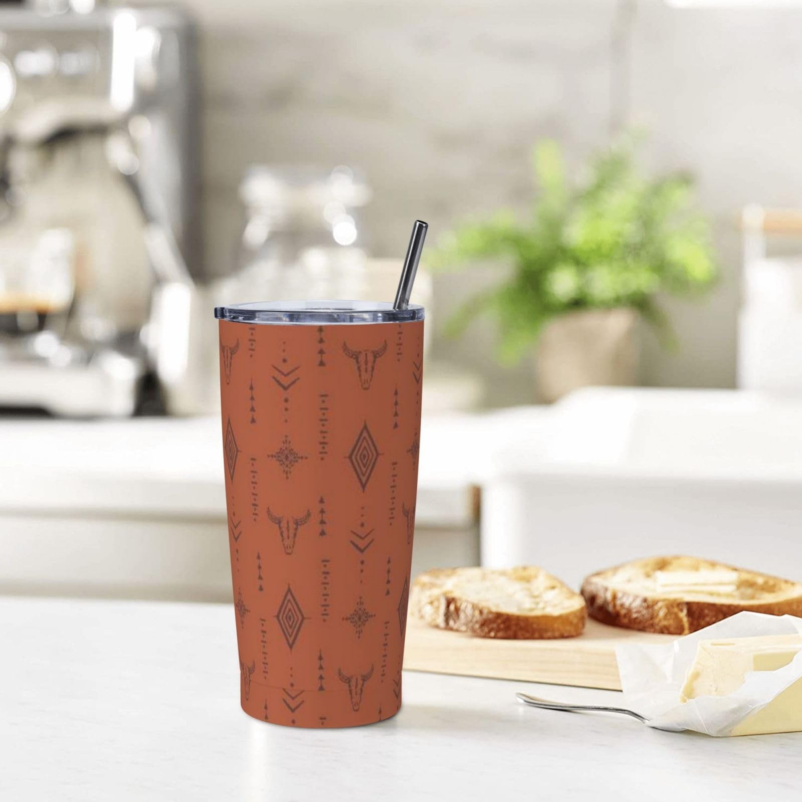 Tounheya Western Bull Tumbler Lid And Straw Boho Brown 20Oz Insulated Stainless