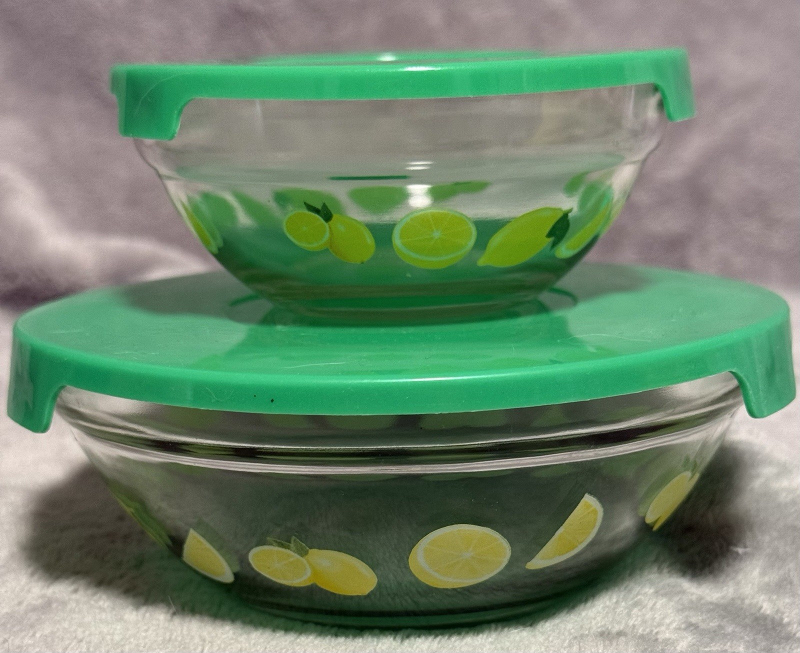 Lemon Design Glass Storage Bowls W/ Green Lids Set Of 2