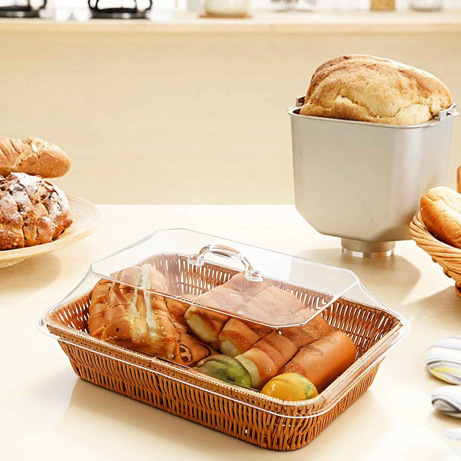 Rattan Bread Baskets, 3 Pack, rectangular Woven Baskets with Acrylic Lids, 13…
