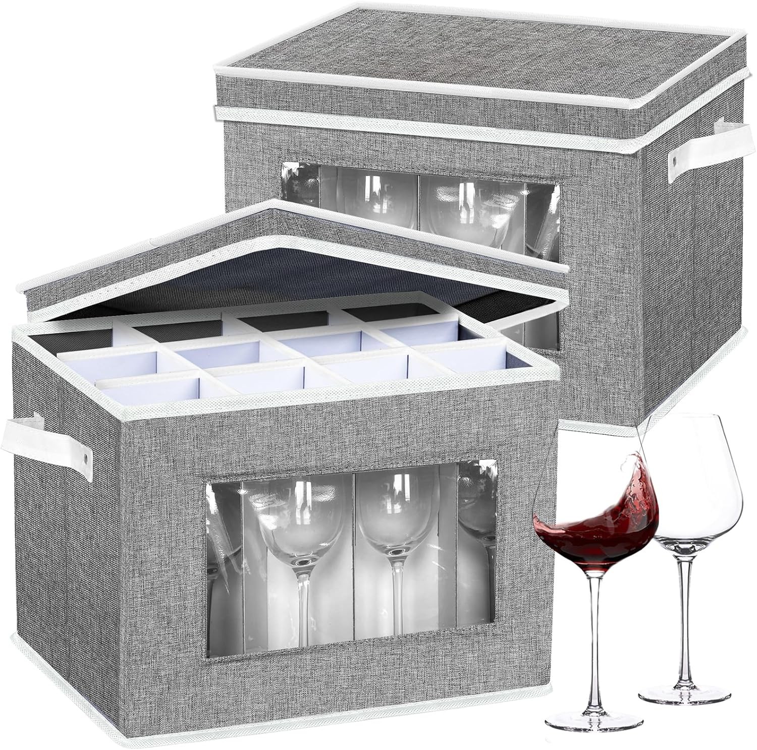 2 Pack Stemware Storage Cases, Wine Glass Storage Box with Dividers (Grey)