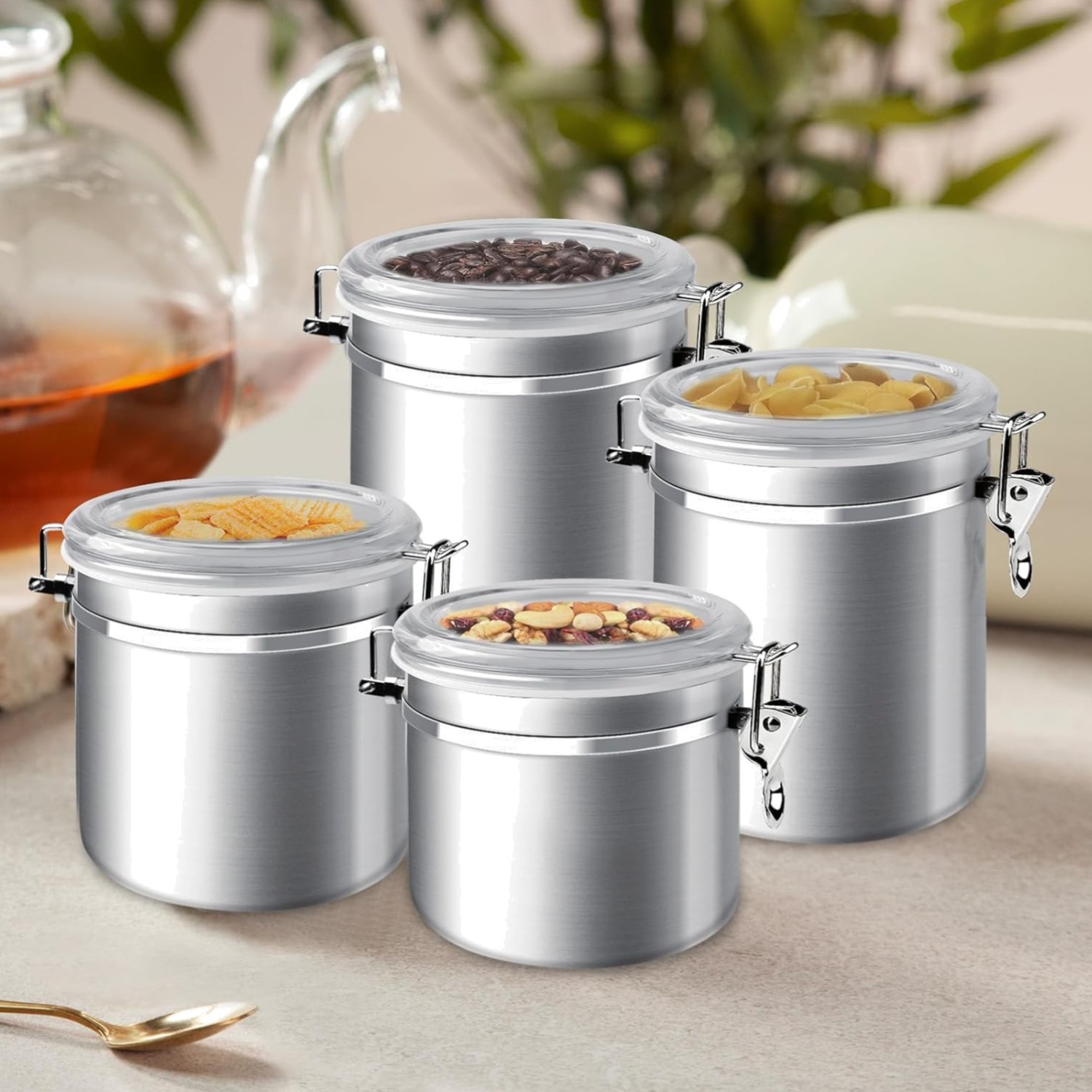 4-Piece Stainless Steel Airtight Food Storage Canister Set with Clear Lid, Co…