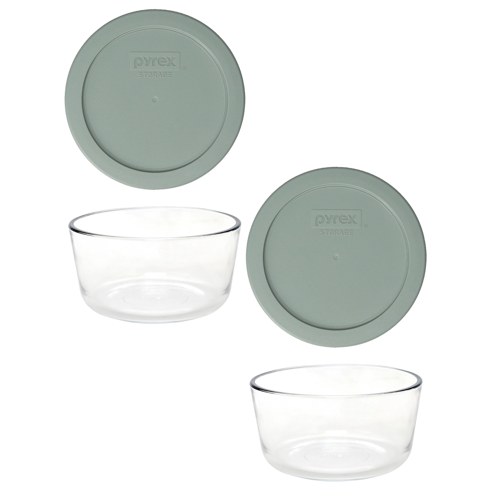 Pyrex (2) 7201 4-Cup Glass Bowls with (2) Tranquil Green Lids – Made in USA