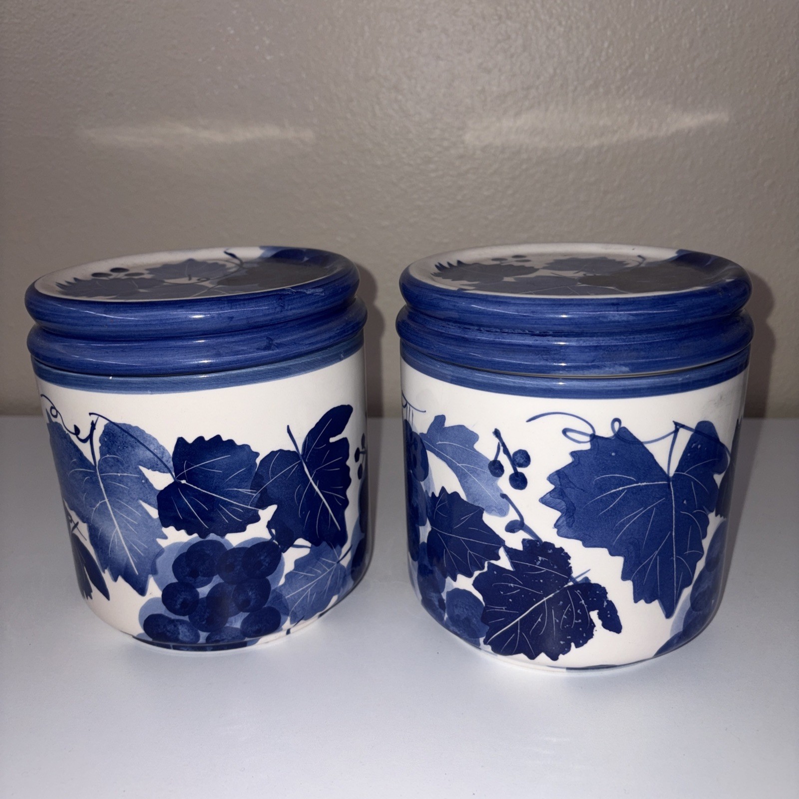 Set of 2 Canisters DesignPac HAND-PAINTED Blue and white, grapevine motif