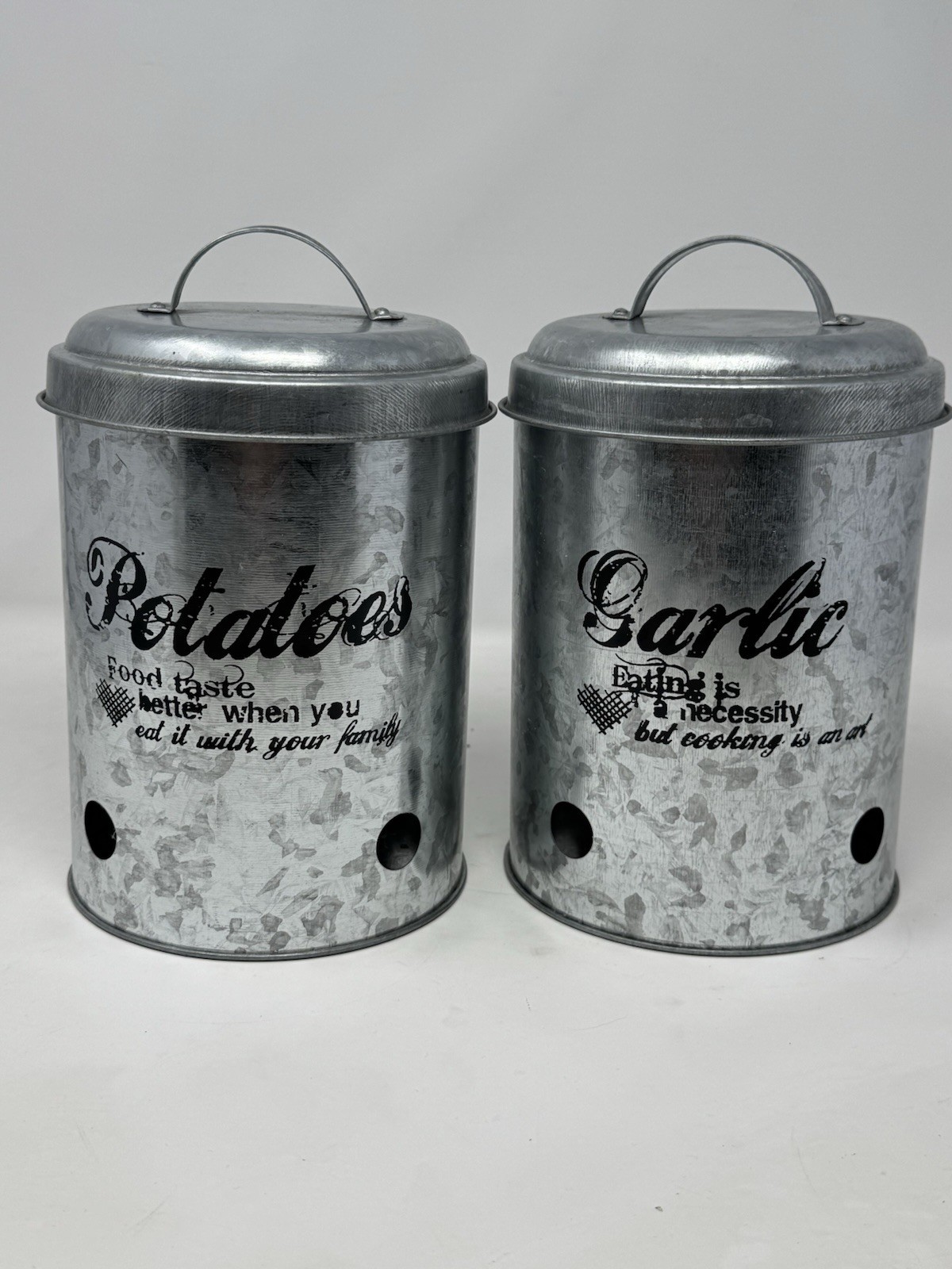 Mind Reader 2-piece Garlic, Potatoes produce storage metal canisters 8.5” GUC