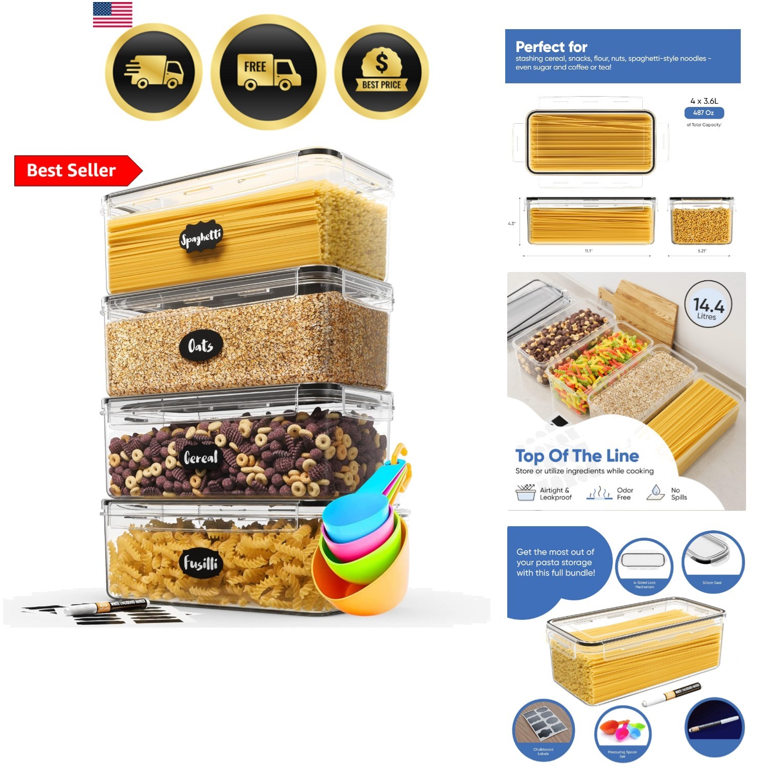 Food Storage Containers 4 Pack 3.6L Airtight Plastic for Pasta Cereal Pantry