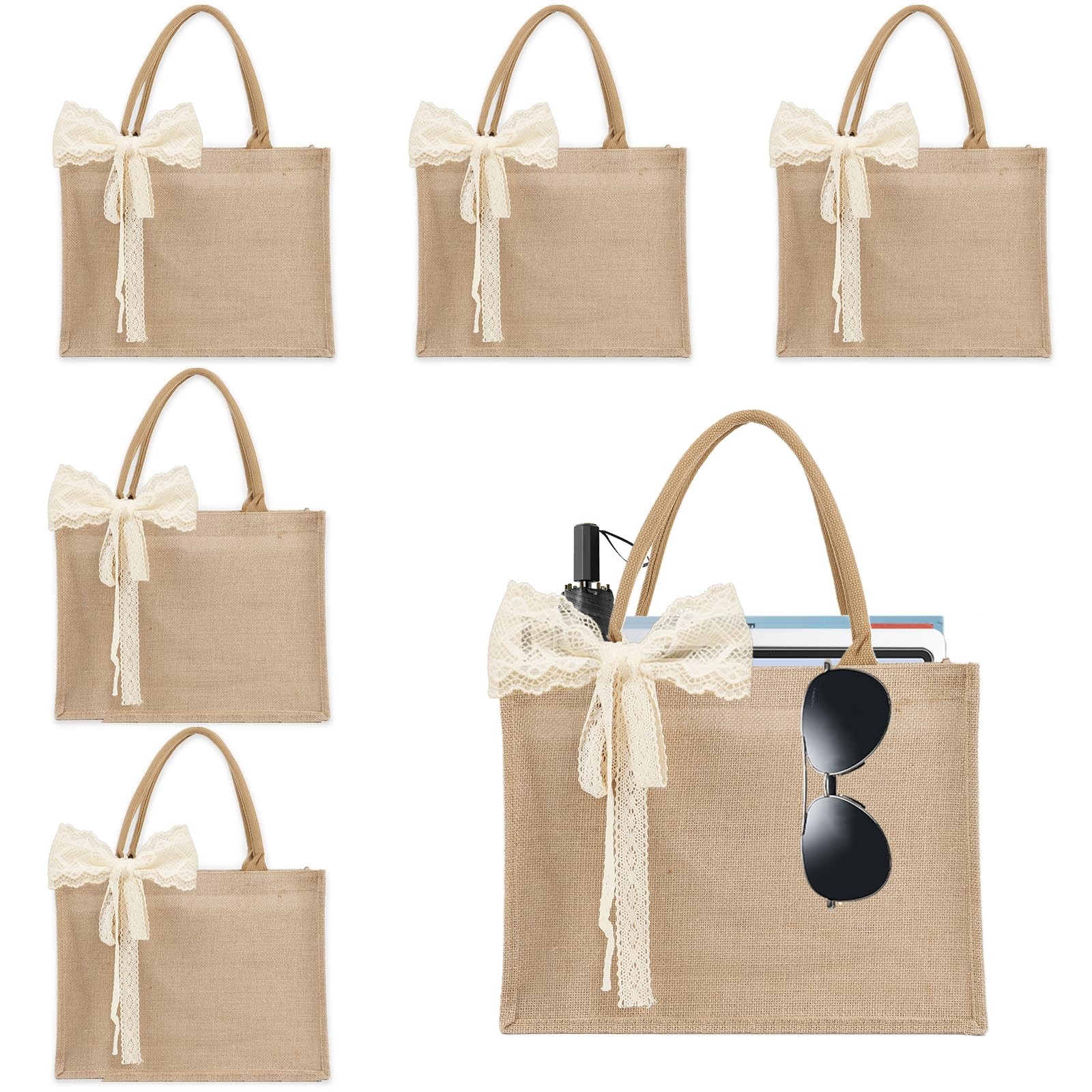 Karinoos 6Pcs Burlap Tote Bag Handles Waterproof Reusable Summer Bags Ribbon