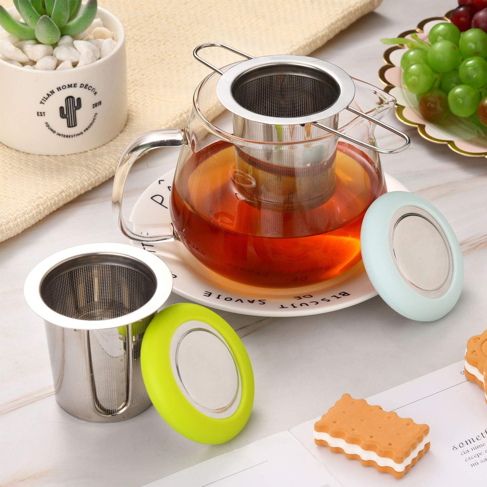 2 Pieces Tea Infusers Stainless Steel Strainer Folding Handle Blue and Green